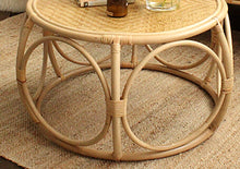 Load image into Gallery viewer, rattan coffee table, rattan side table, hand-made furniture. Rattan table in natural color, with large hoops woven together to form the table&#39;s base.

